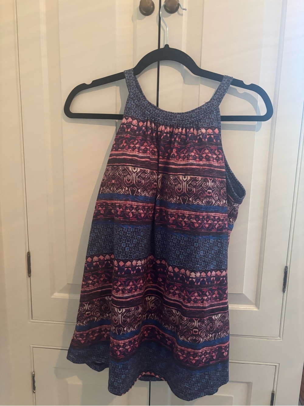 Womens Blue & Pink Printed High-Neck Tank Top